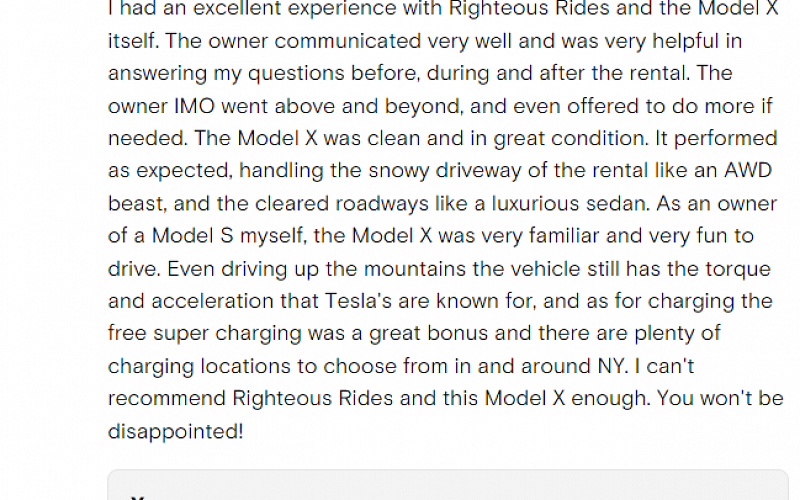 Righteous Rides premium car rentals in New York - testimonial of happy clients screenshot 3